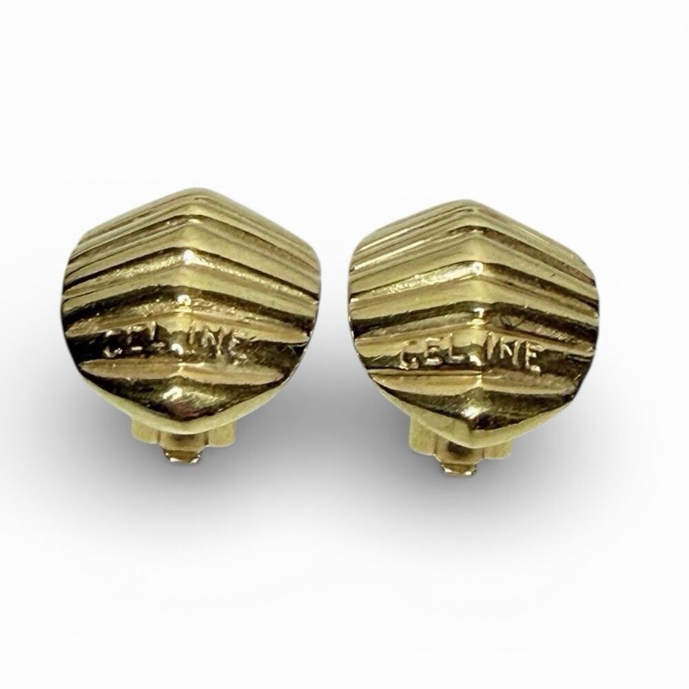 Céline Vintage Gold Tone Clip-On Earrings, Sculptural Logo Design